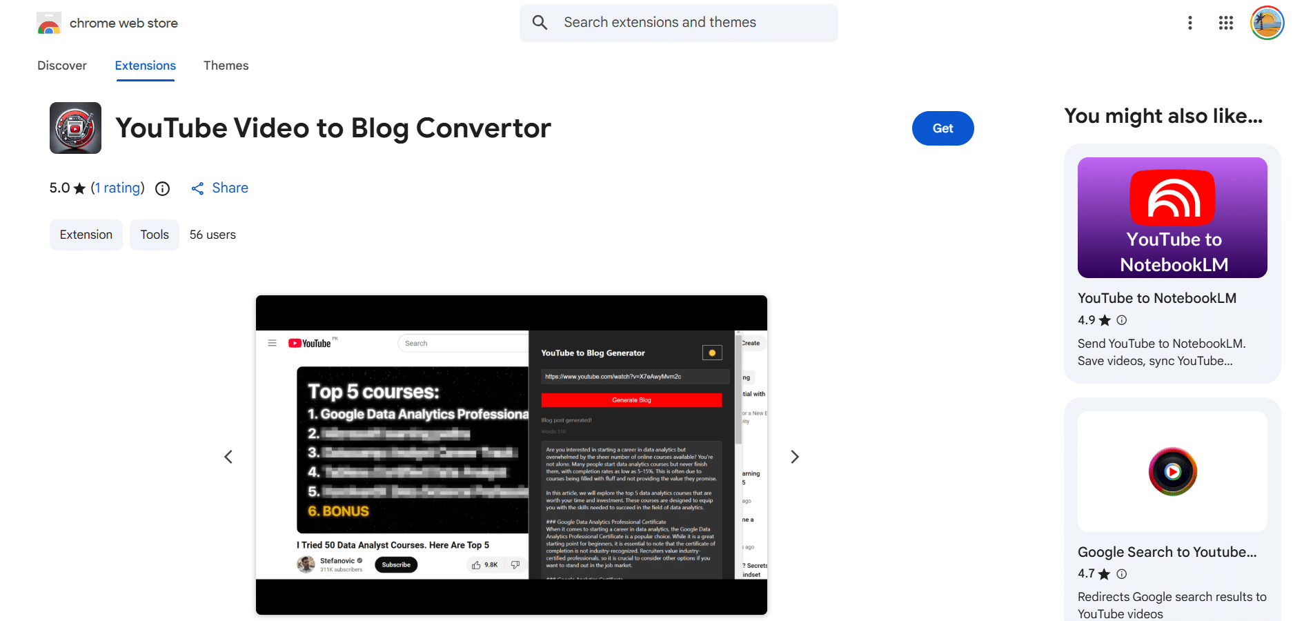 YouTube Video to Blog Convertor Chrome Extension